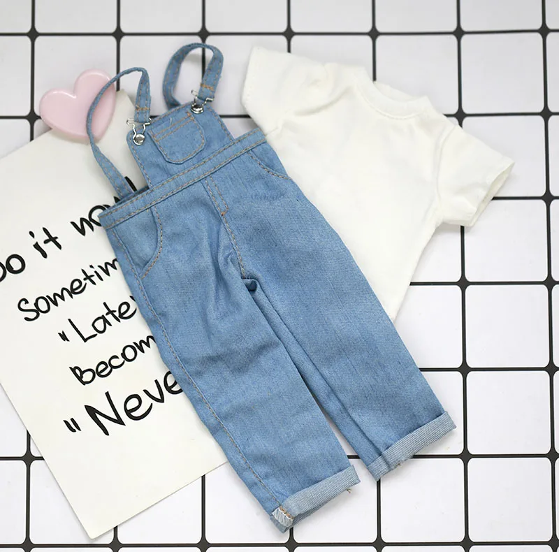 1/6BJD doll clothes fashion denim bib long + short sleeve shirt casual suit for yosd, 30cm SD DD bjd doll clothes accessories