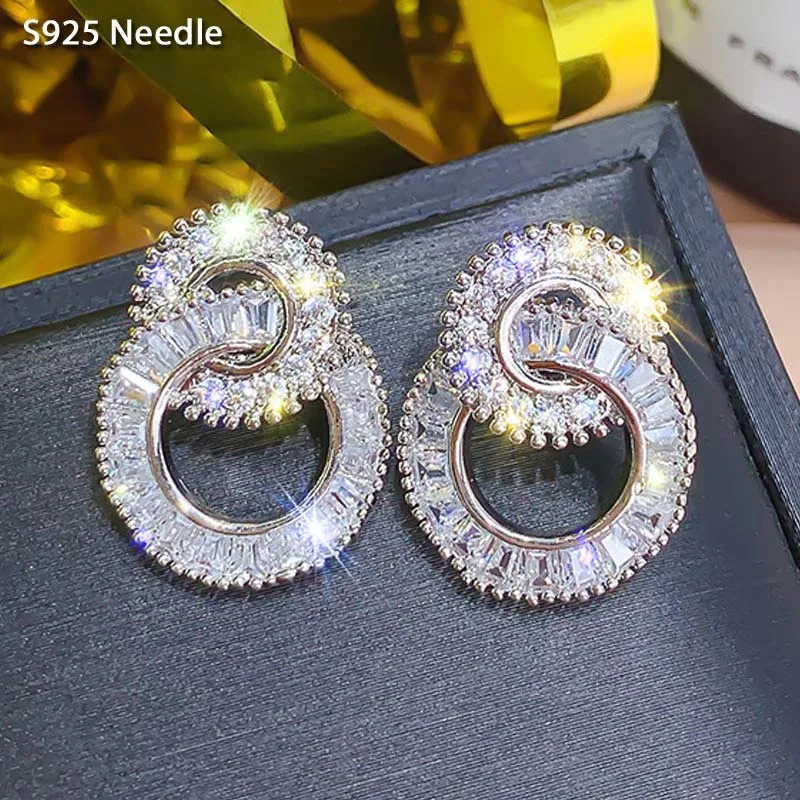 Настоящее 925 пробы, серебряные серьги-гвоздики для женщин, ювелирные изделия, двойные круглые блестящие стразы CZ, женские серьги для вечеринки, подарок