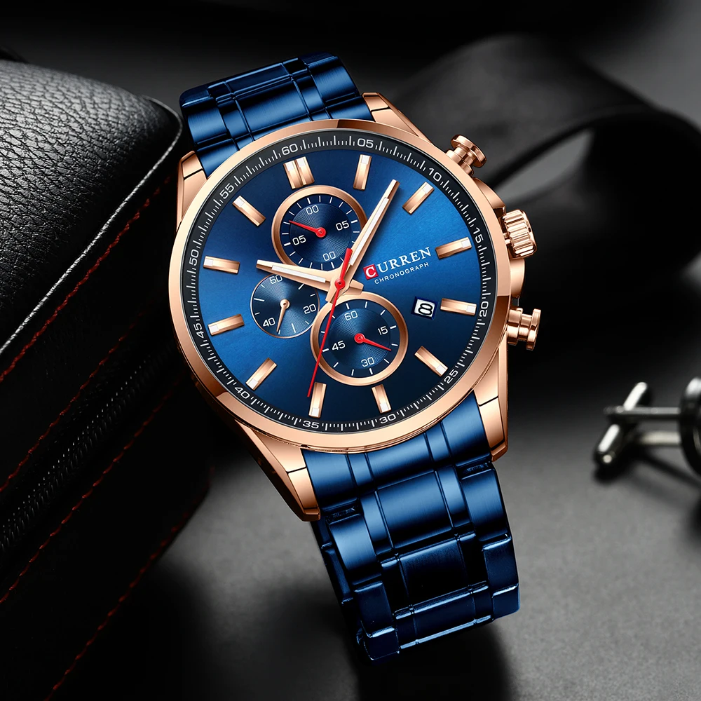 CURREN Мужские часы, повседневные спортивные часы, Топ люксовый бренд, синие полностью Стальные кварцевые наручные часы с хронографом, военные мужские часы