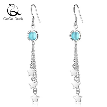

New Creative Long Blue Artificial Crystal Five-pointed 925 Sterling Silver Fashion Jewelry Personality Star Dangle Earrings E838