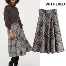 Withered england style vintage elegant high waist sashes plaid midi skirt women faldas mujer moda skirts womensplus size