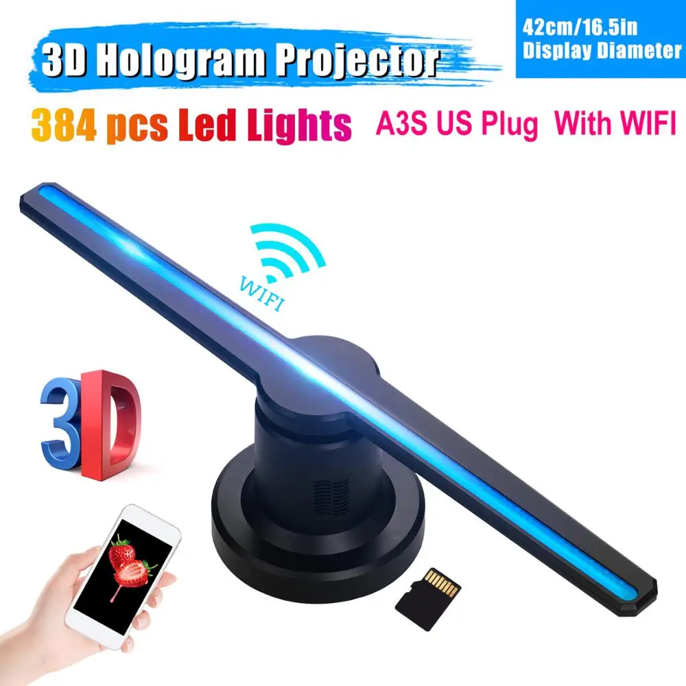 US Plug With WIFI 42 см/16,5 дюйма 3D WiFi голограмма светодиодный проектор Вентилятор рекламный дисплей голографическая лампа 3D пульт дистанционного управления голограмма плеер Projetor - Цвет: US Plug With WIFI