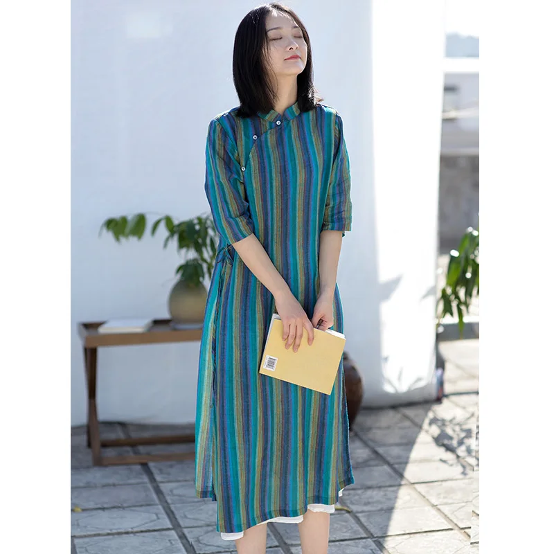 

2020 Vestidos Women Spring Summer Dress Vintage Stand Collar Striped Half-sleeve Slim Lacing Long Ramie Dress S972-1