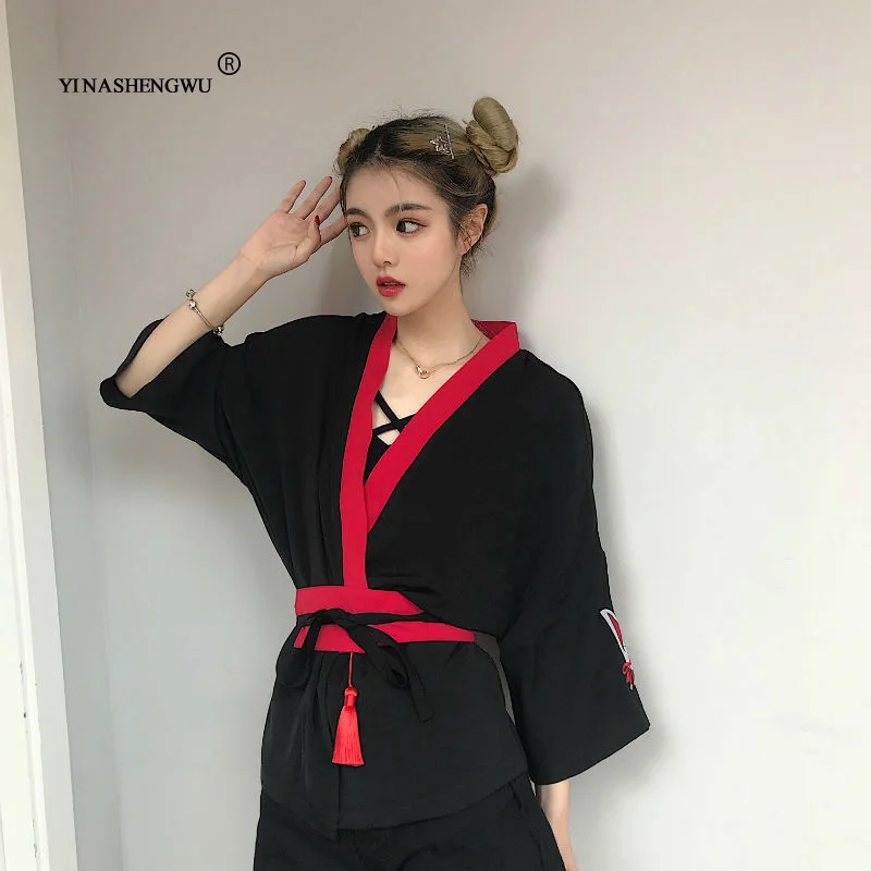Японские кимоно женские Harajuku японские рубашки вышитые лисы блузки свободные повседневные Топы Блузы кимоно косплей кимоно с поясом