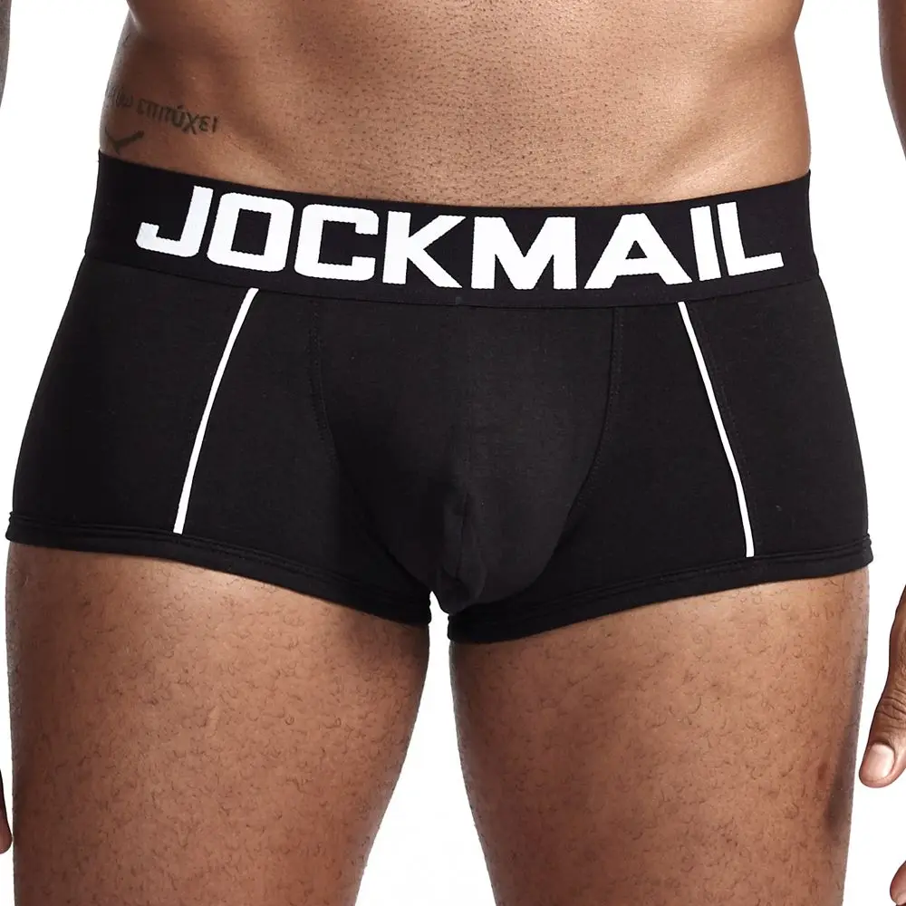 JOCKMAIL сексуальное мужское нижнее белье U выпуклая сумка мужские Трусы Дышащие Боксеры хлопковые забавные трусы однотонные белые домашние шорты - Цвет: Черный