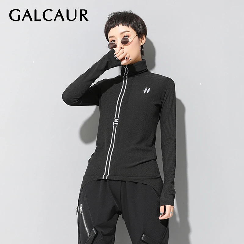 

GALCAUR Casual Print Female T Shirts Turtleneck Long Sleeve Irregular Autumn Slim T-shirt For Women Fashion 2019 Clothing Tide