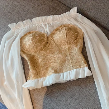 

2020 Spring Celebrity Sexy Strapless Gold Embroidery Long Sleeve Chiffon Blouse Short Tops Women High Waist Slim Shirts