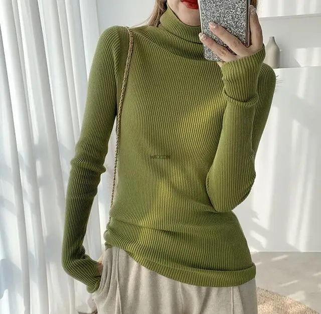 2021 Autumn Women Pullover Tops Female Knitted Sweaters Solid Concise Turtleneck Elasticity Elegant Office Lady Casual All Match summer crop top Tees