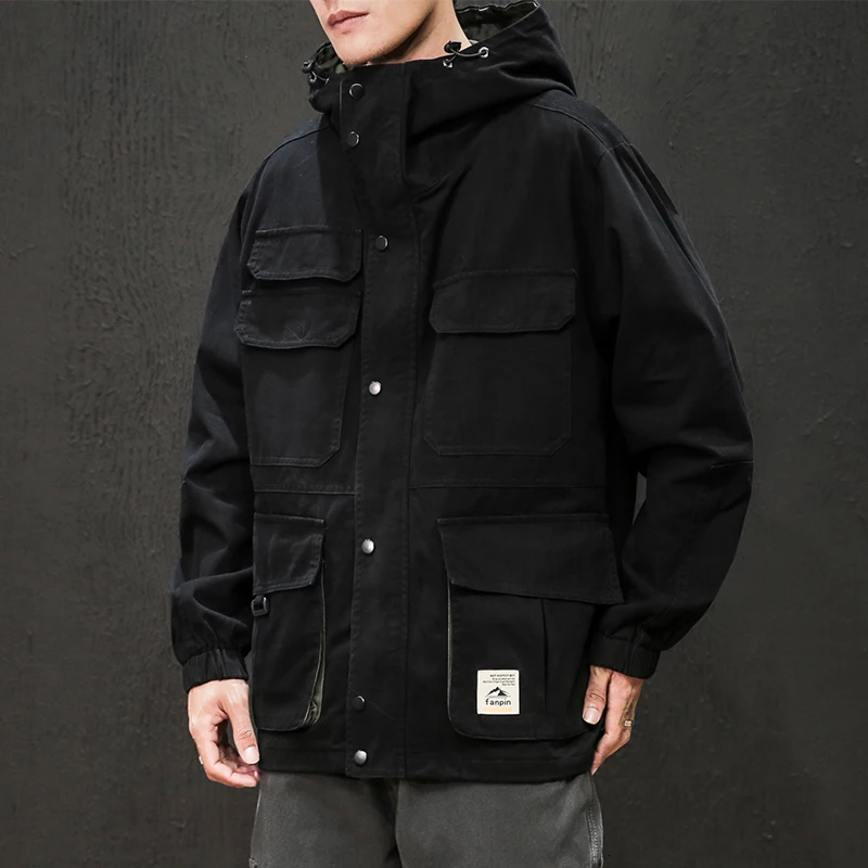 

YUECHE Autumn And Winter Men's New Large Size Japanese Retro Tooling Hooded Jacket Multi-pocket Decorative Solid Color