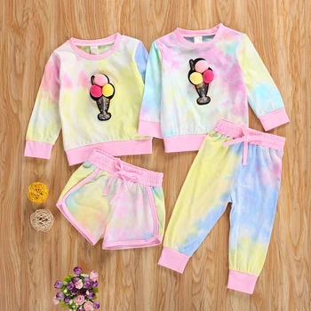 

Toddler Baby Girl 6M-4T Spring Autumn Outfits 3D Balls Ice Cream Tie Dye Long Sleeve Pullover + Shorts/Pants 2Pcs Clothes Set