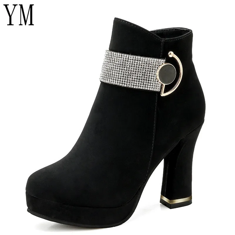 

Autumn Winter Shoes Warm Women Ankle Boots Suede Black Boots Slip on Ladies Casual Crystal Thick Heel Shoes Fashion Comfortable