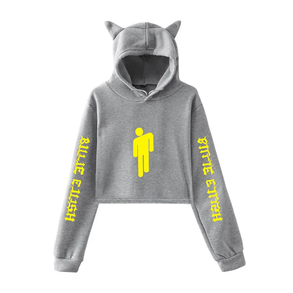 Gray 3 Горячая Распродажа Kpop Billie Eilish толстовки короткий кошачий Топ Толстовка с кошачьими ушками Розовая Толстовка тренд Harajuku Толстовка Billie Eilish стиль - Цвет: Gray 3