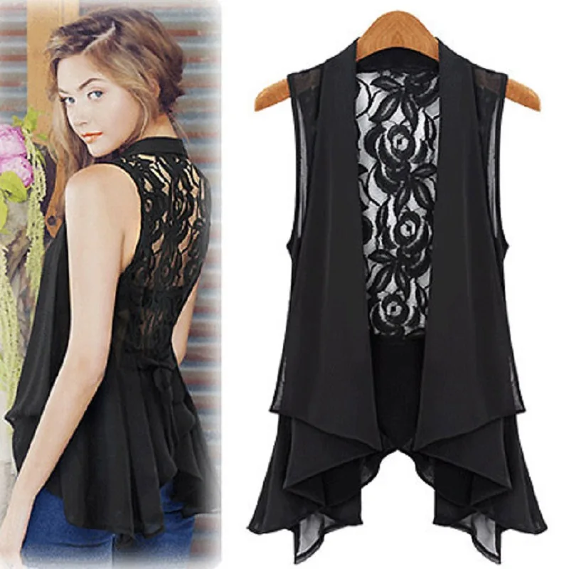 

Spring Summer Woman Fashion Cutout Lace Chiffon Vest Female Medium Long Plus Size Hollow Out Lace Waistcoat Office Lady Basic