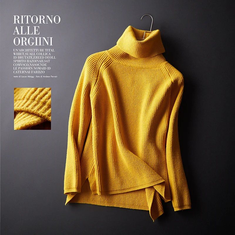 

2019 Solid Spring Turtleneck Sweater Winter Streetwear Split Loose Knitted Pullover Sweater Warm Women Jumper