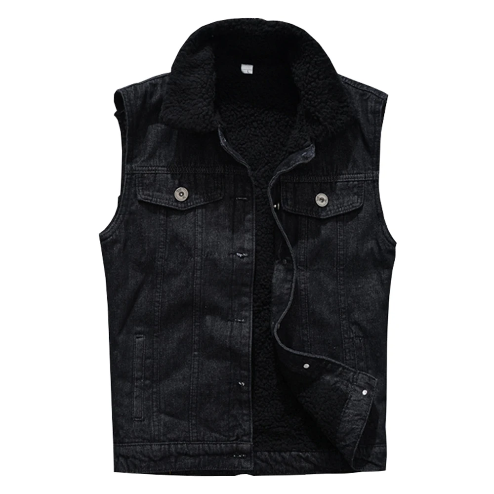 Men's Winter Fleece Warm Denim Vest Black Jean Waistcoat Sleeveless ...