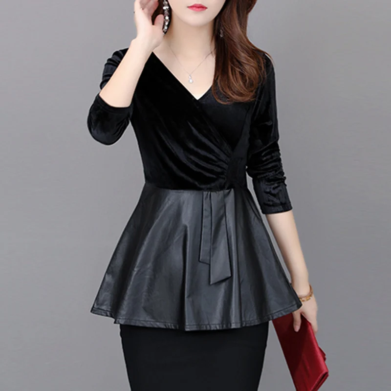  Casual Office Ladies Tops Long Sleeve v Neck Black Ruffles Pu Leather Shirts Bow Sashes Work Wear W