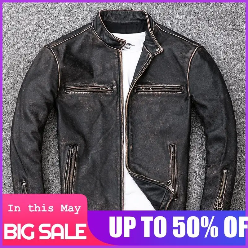 

2020 Retro Vintage Black Men Biker's Leather Jacket Plus Size XXXXL Genuine Cowhide Autumn Slim Fit Motorcycle Leather Coat