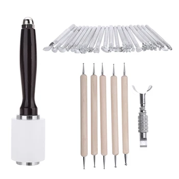 

27pcs/set Durable Leather Working Puncher Stamp Carving Craft + Hammer + Swivel Tool Set for Leather Working