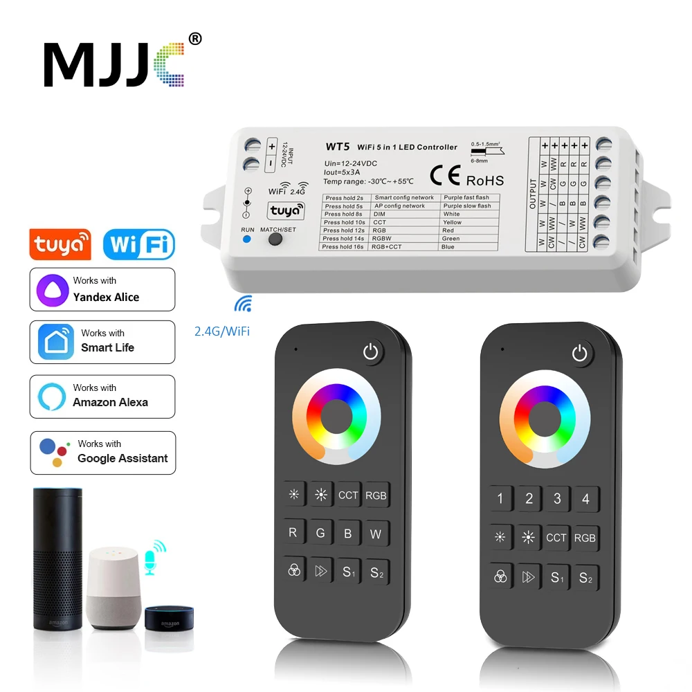 MJJC Tuya Smart Life LED RGBCCT Controller DC 12V 24V 5 in 1 Dimmer 2.4G RF Wireless Remote LED Strip Light work with Alice WT5