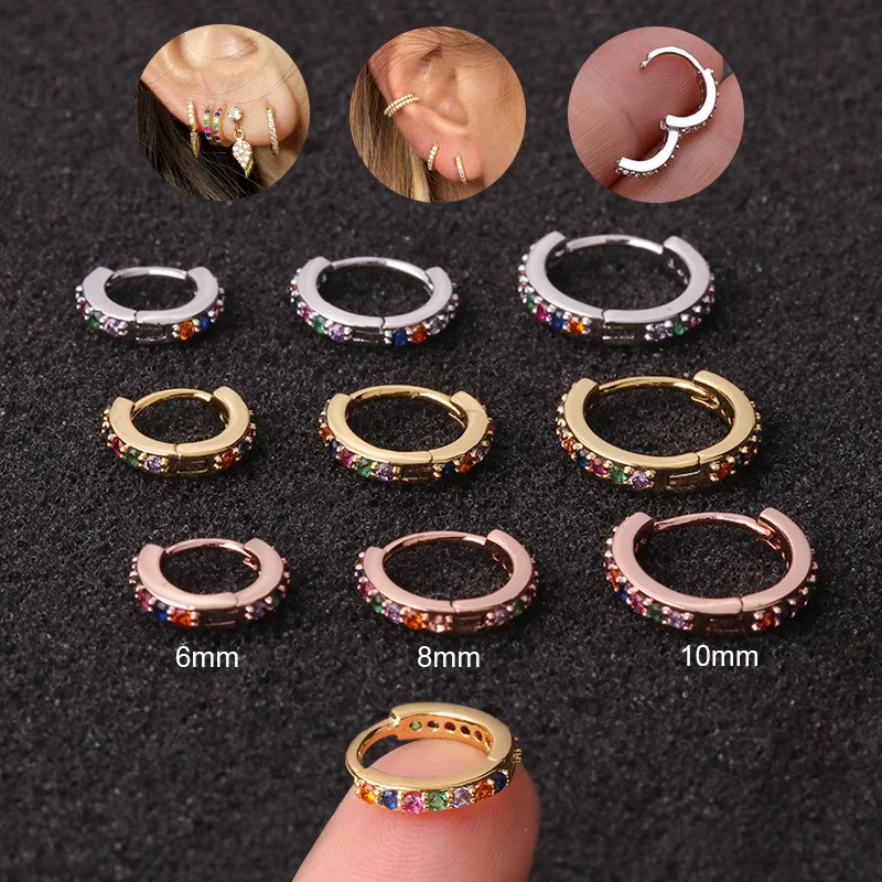 1pc 6mm/8mm/10mm Surgical Steel Rainbow CZ Conch Hoop Cartilage Helix Nose Ring Piercing Earring