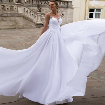 

New Arrival Chiffon Beach Wedding Dresses Sheer Neck Scoop Sleeveless Pearls Applique Flowy Wedding Dress Vestido De Noiva 2020
