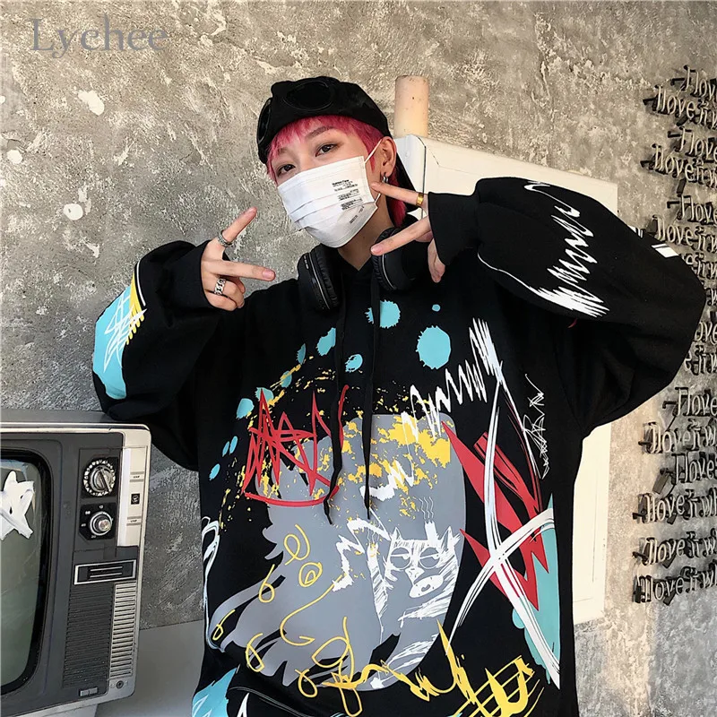 Lychee Harajuku граффити женские флисовые толстовки с капюшоном повседневные свободные женские толстовки пуловеры весна осень зима женские топы