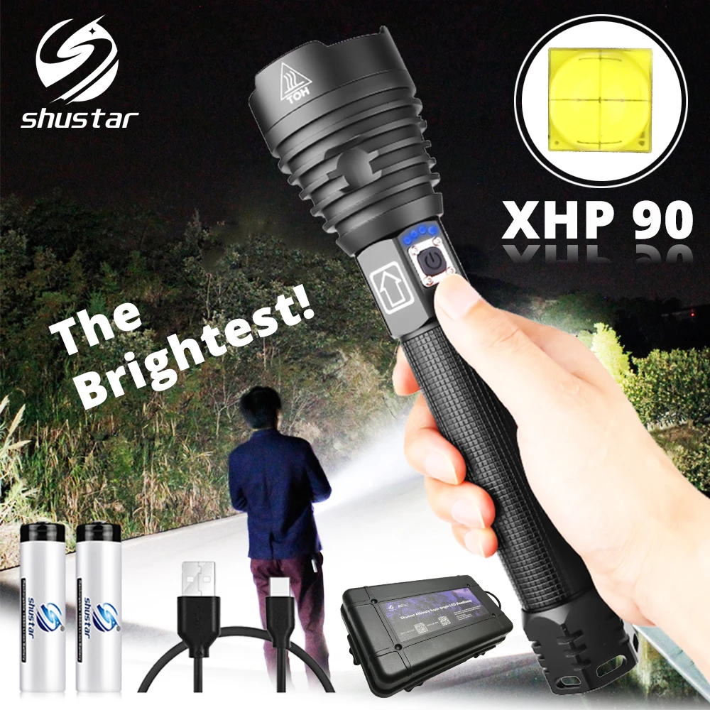  The brightest XHP90 LED Flashlight Tactical waterproof Torch 3 Lighting modes Zoomable Hunting camp
