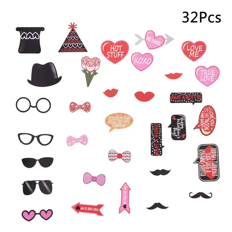 32PCS Valentines Day Supplies Photo Booth Party Props On A Stick  Hearts Top Hat 