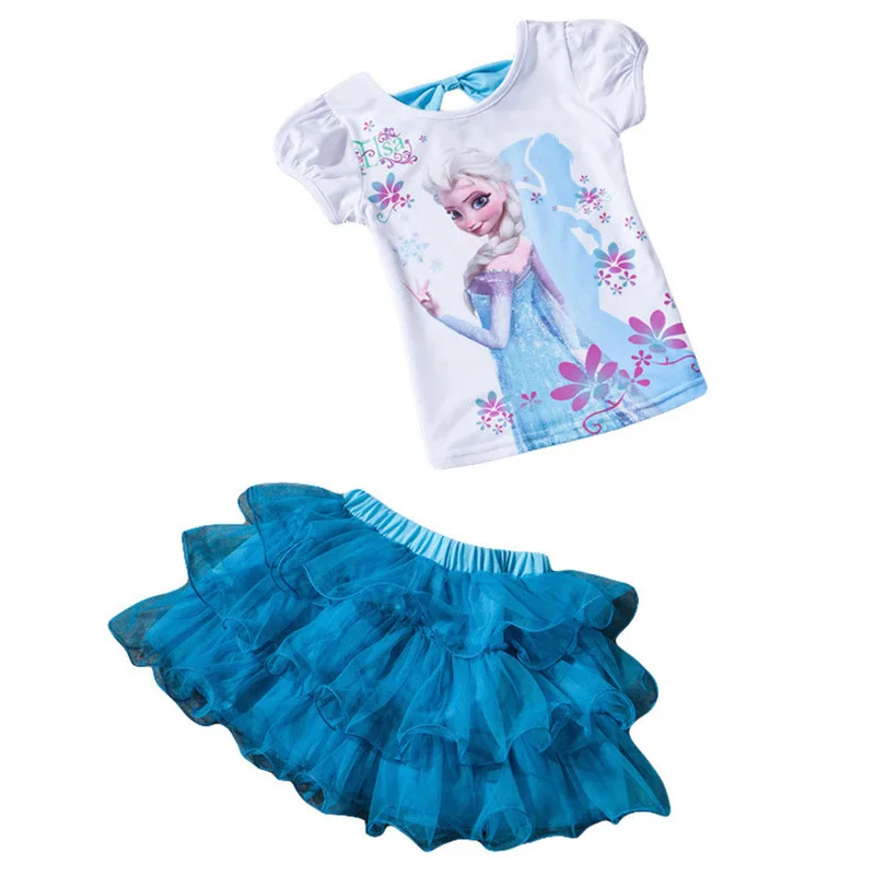 Комплект одежды Эльзы для девочек, футболка с рисунком+ фатиновая юбка-пачка комплект из 2 предметов, летний многослойный небесно-голубой набор с платьем-пачкой, одежда принцессы - Цвет: Белый
