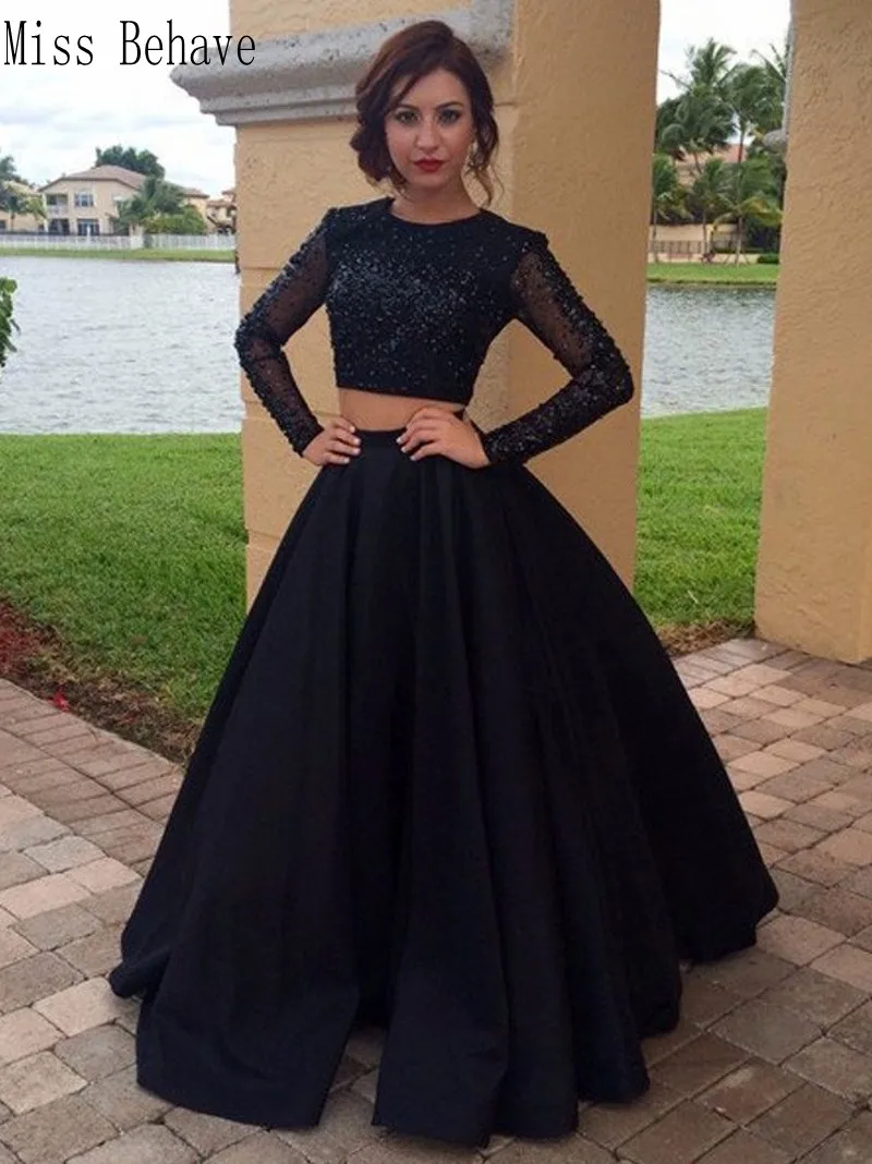 

DD JYOY Black Evening Dress Long Sleeve Sparkly Sequined Beaed Two Pieces Long Formal Dresses Evening Gown Party O Neck
