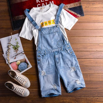 

Denim jumpsuit shorts with holes 5 points overalls light blue hole overalls men