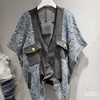 

Women's Sweater Loose Autumn 2020 Mid-Length Short Sleeves Patchwork Fashion Cardigan V-Neck Casual Female Outwear Waistcoat