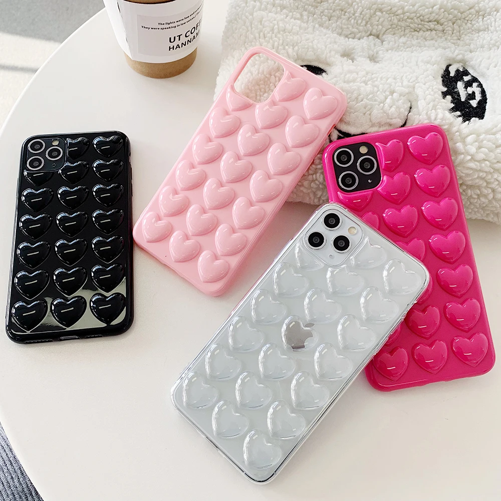 

3D Love Heart Phone Case For iPhone 11 Pro Max XR XS Max 7 8 6 Plus Case Soft TPU Candy Color Phone Cover With Lanyard