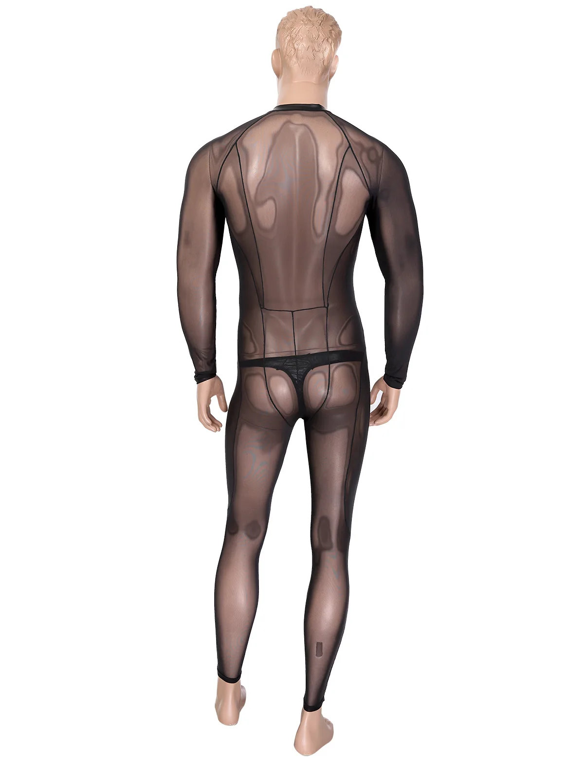 TiaoBug Men See Through Sheer Mesh Lingerie Long Sleeves Bodysuit Bodystockings with Faux Leather Thong Briefs Erotic Underwear