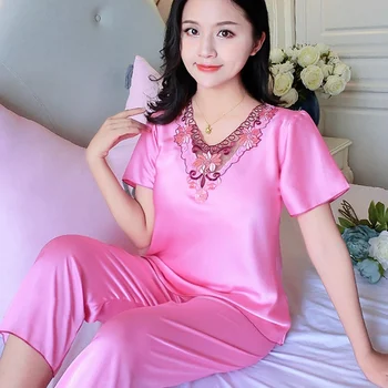 

2020 Summer Women Imitation Silk Pajamas Set Simple Leisure Nightwear Short Sleeves Sleepwear