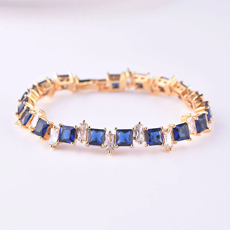 Роскошный квадратный светильник с синим кубическим цирконием, золотой браслет, подарок на день Святого Валентина, Женские Ювелирные изделия