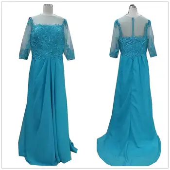 

Real Images Long Sleeves Appliques Beading Pearls Women's Mother of The Groom Dresses Full-Length Lace Ruffles Formal Evening