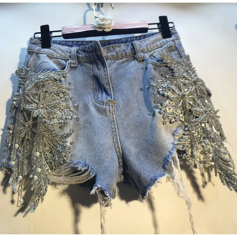 WHITNEY WANG шорты весна лето мода уличная одежда Блестки Кружева цветочные кисточкой джинсовые шорты женские джинсы размера плюс 5XL