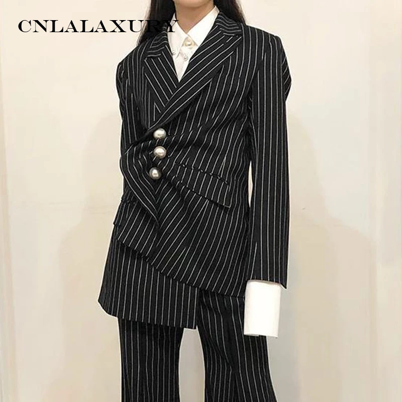 

Autumn female Striped suit Pearls Button suit jacket Blazer fashion Asymmetric suit trousers pants two-piece set outfit