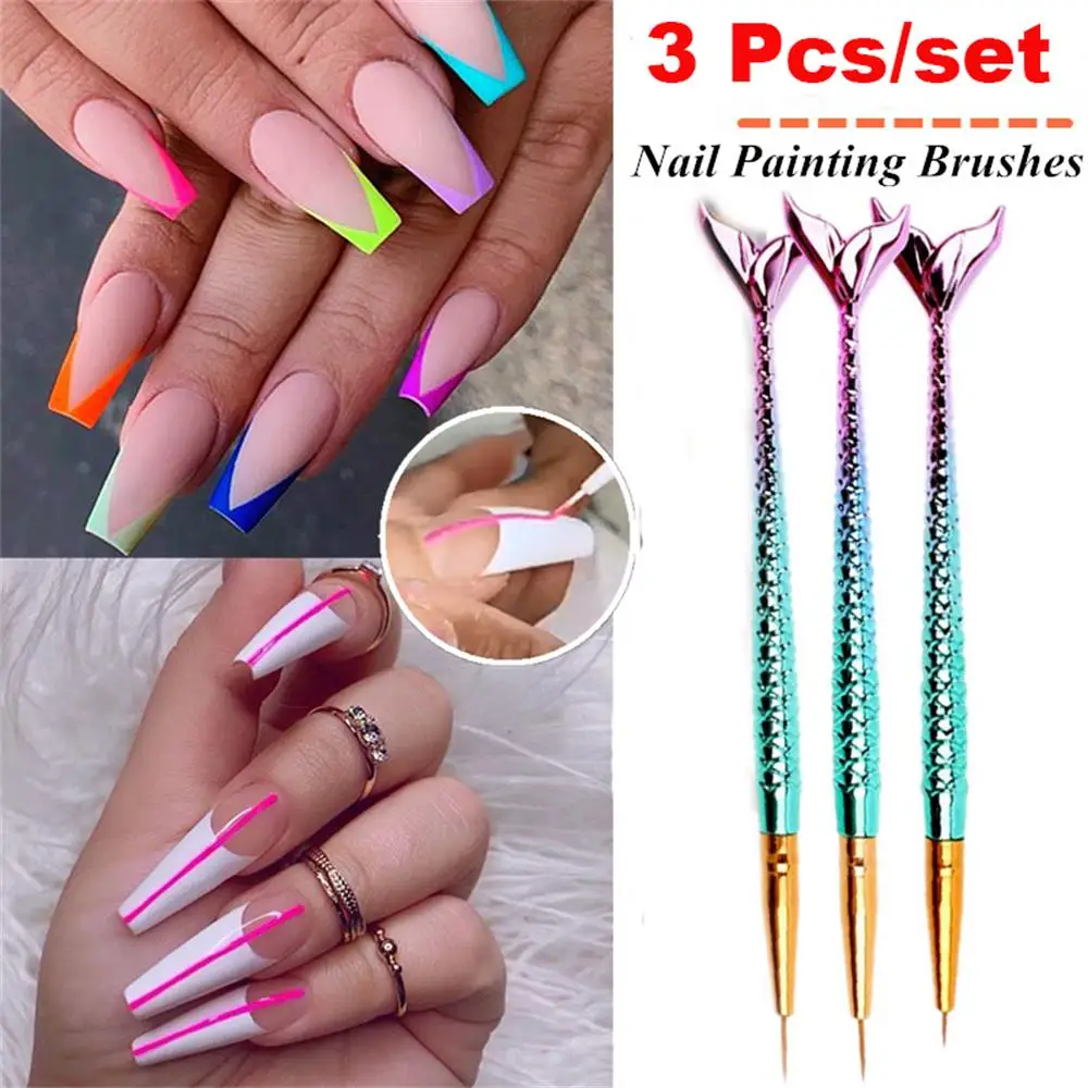 

3 Pcs/set Nail Art Metal Mermaid Wood Handle Liner Painting Brush Flower Lines Grid Stripe French Design Drawing Pen Manicure