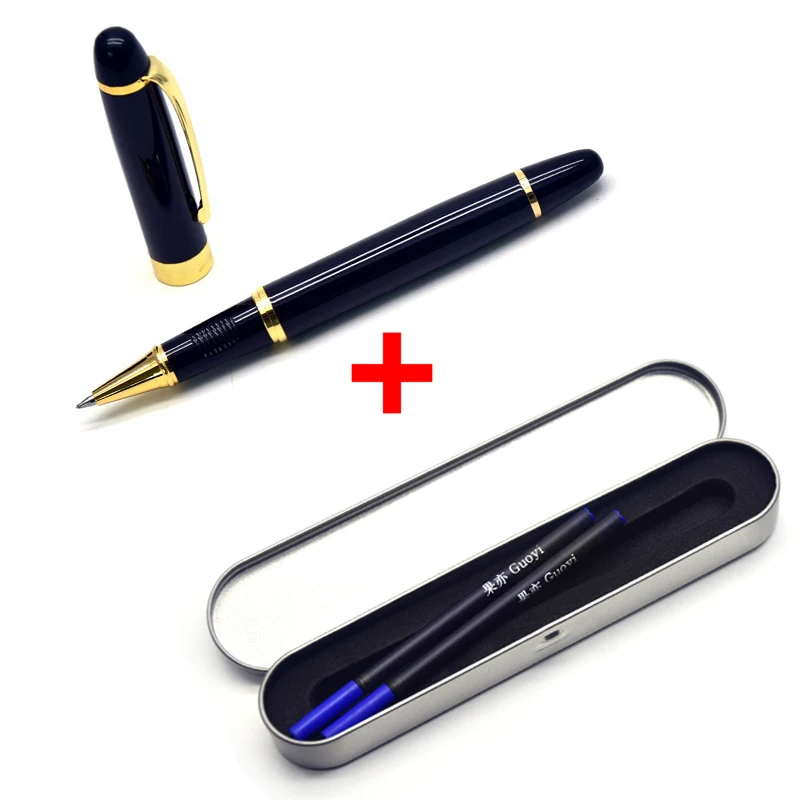 Guoyi A203 креативная металлическая гелевая ручка для обучения в офисе для школы, канцелярские принадлежности, подарки, роскошная ручка для отеля, шариковая ручка для делового письма - Цвет: Black gift-2 blueink