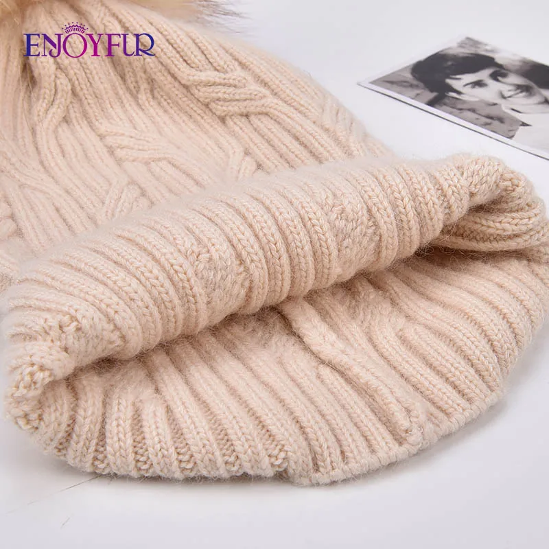 ENJOYFUR Winter Fur Pompom Hats For Women Cashmere Wool Knit