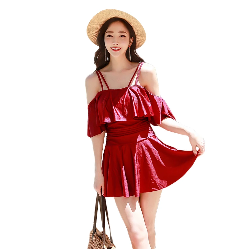 

Autumn Red Swimsuit One Piece Flounce Swimwear Women Solid Off Shoulder Swim Suit Gather Chest Padded Push Up Swim Dress Woman