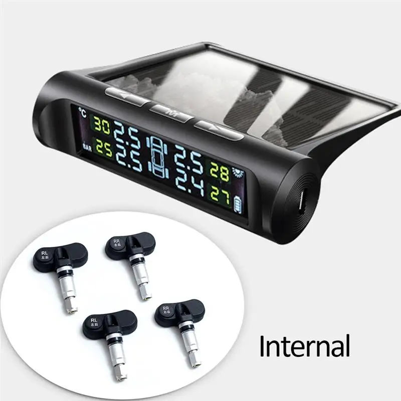 Internal TPMS Солнечная usb зарядка автомобильная система контроля давления в шинах ЖК-дисплей сигнализация с 4 внутренними внешними датчиками - Цвет: Internal