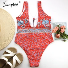 Женский купальник Simplee с цветочным принтом, цельный купальный костюм с высоким вырезом, бикини с принтом, купальный костюм с открытой спиной, привлекательное боди с v-образным вырезом