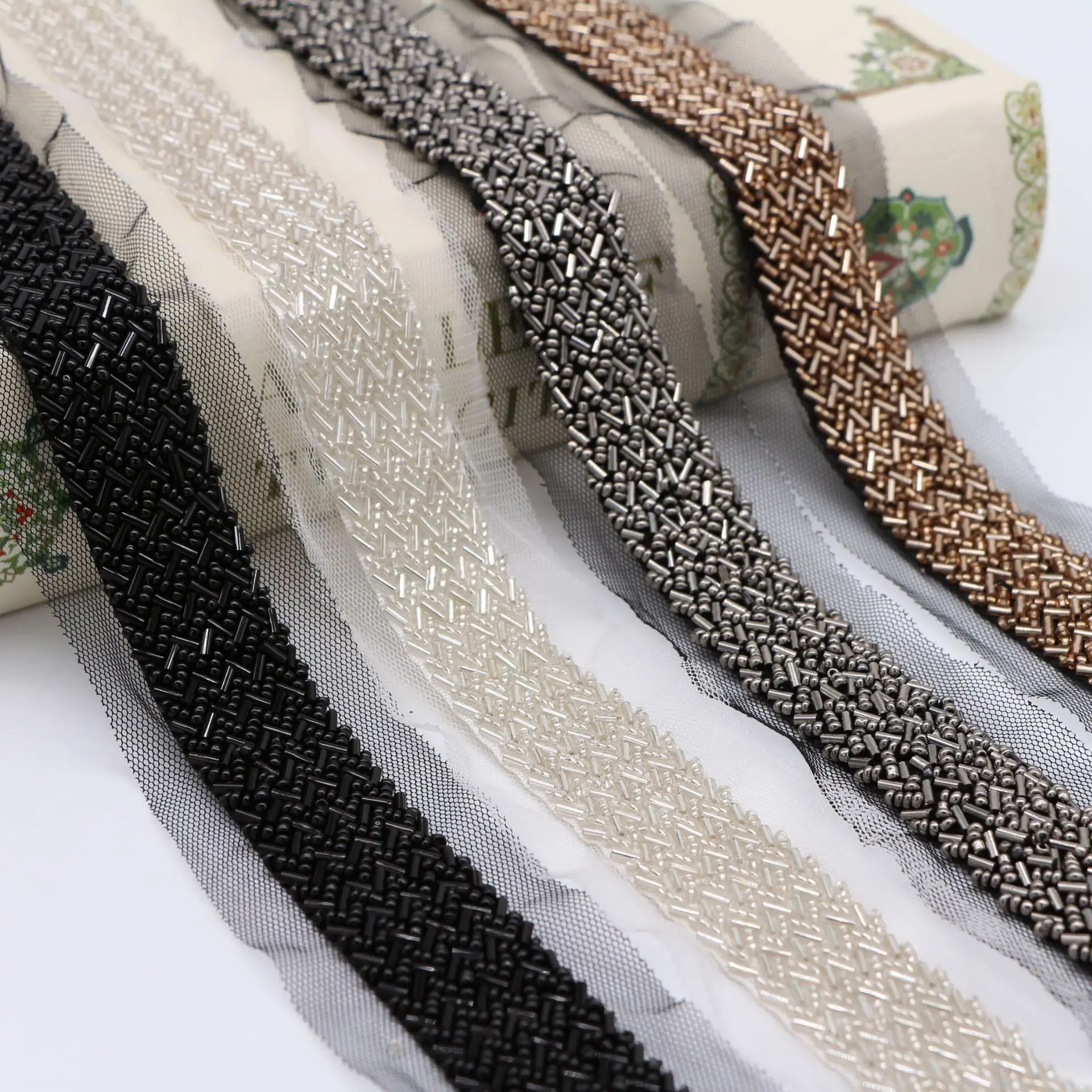 

2Yards Pearl Beaded Lace Trim Mesh Lace Ribbon Fabric Clothes Decoration Wedding Dress Collar Sleeve Lace Applique DIY Crafts