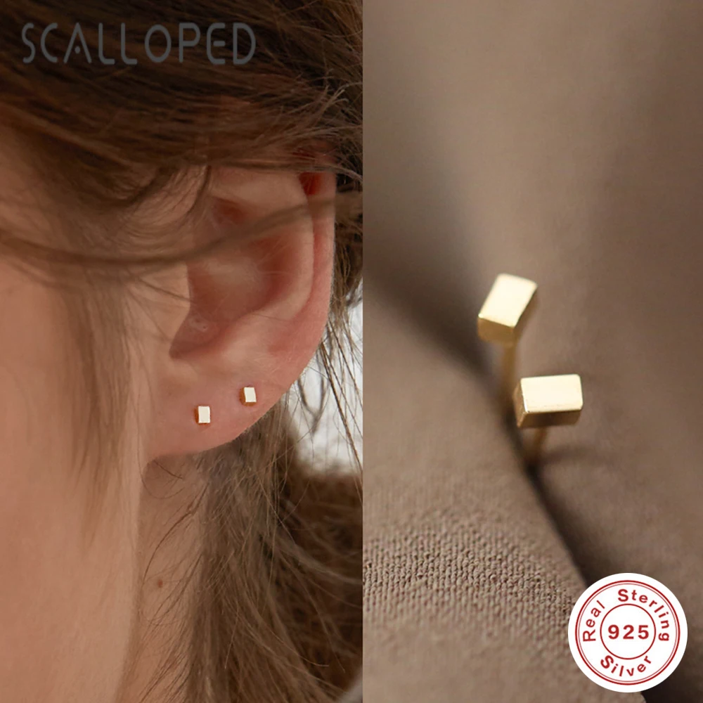 

SCALLOPED S925 Sterling Silver Square Stud Earring For Women High Quality 14K Gold Small Minimalist Jewelry Christmas Gift SE004