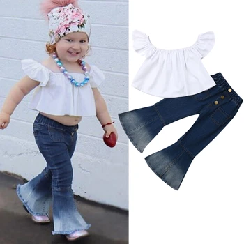 

2019 Summer Fashion Kids Girls Off Shoulder Ruffle Tank Tops+Flared Jeans Long Pants 2PCS Outfit Children Clothes