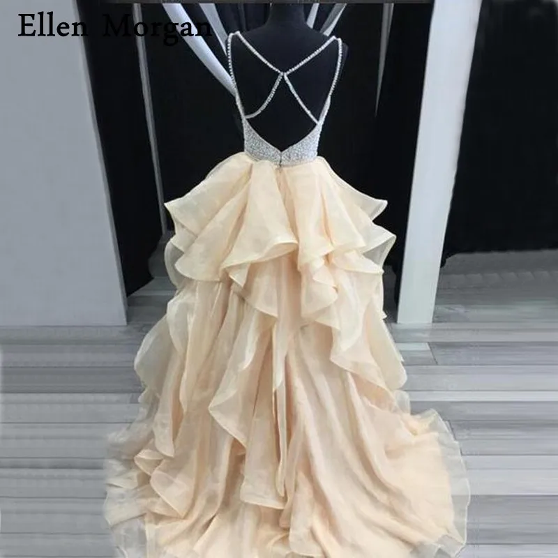 Billige Backless Champagne Organza Prom Kleider für Frauen Tragen 2019 Sexy Straps mit Schatz Neck Sweep Zug Friesen Pageant