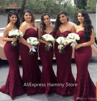 

Elegant Burgundy Sweetheart Lace Mermaid Cheap Long Bridesmaid Dresses 2019 Wine Maid of Honor Wedding Guest Dress Prom Party Go